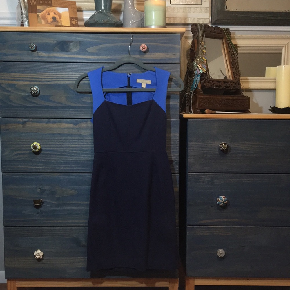 Banana Republic, sleek, fitted blue combo dress